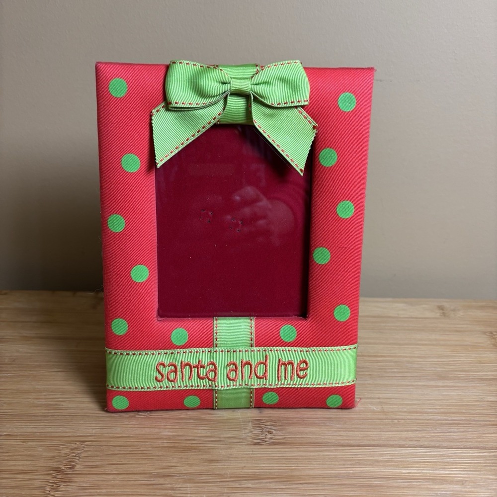 Mud Pie Christmas Picture Frame "Santa and Me"‎ Red Green Polka Dot Bow